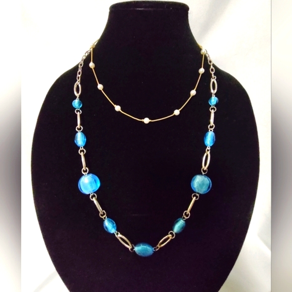 SALE ! Necklaces Blue Polished Glass & Silver necklace & Gold & White necklace 2 - Picture 3 of 9